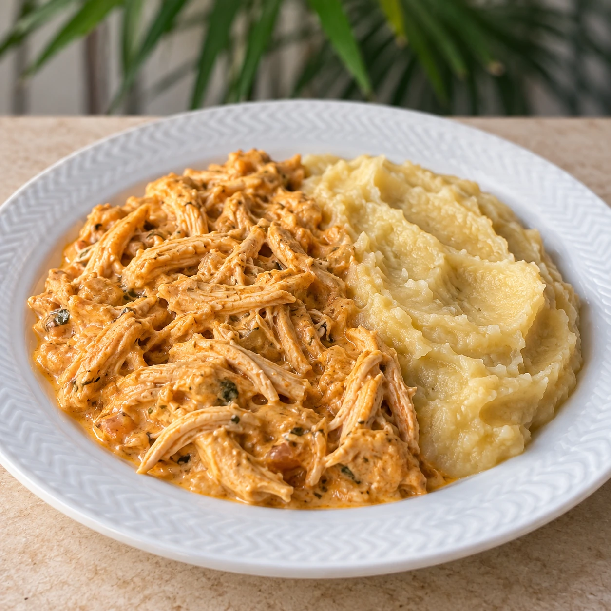 Frango desfiado cremoso com purê de batata-doce — imagem ilustrativa